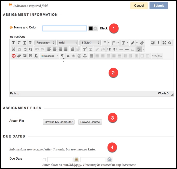 Image of all fields located within the Assignment information screen