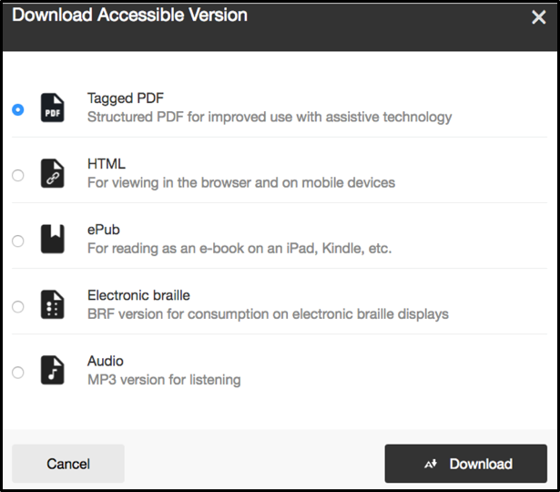 Accessible version drop down menu options in detail including tagged PDF, HTML, ePub, Electronic braille, and audio. 