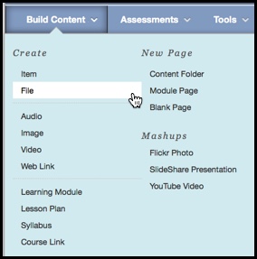Image of the Build Content menu and all corresponding options within the drop down menu