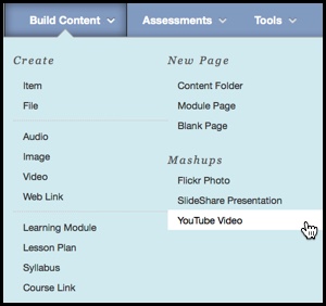 Image of the Build Content menu and all corresponding options in the affiliated drop down menu