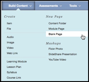 Image of the Build Content option and corresponding drop down menu items