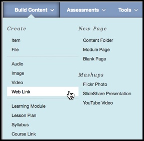 Image of the Build Content menu and corresponding options in the drop down menu