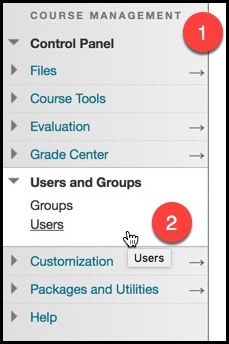 Image of the Course Management menu and the location of the Users and Groups option